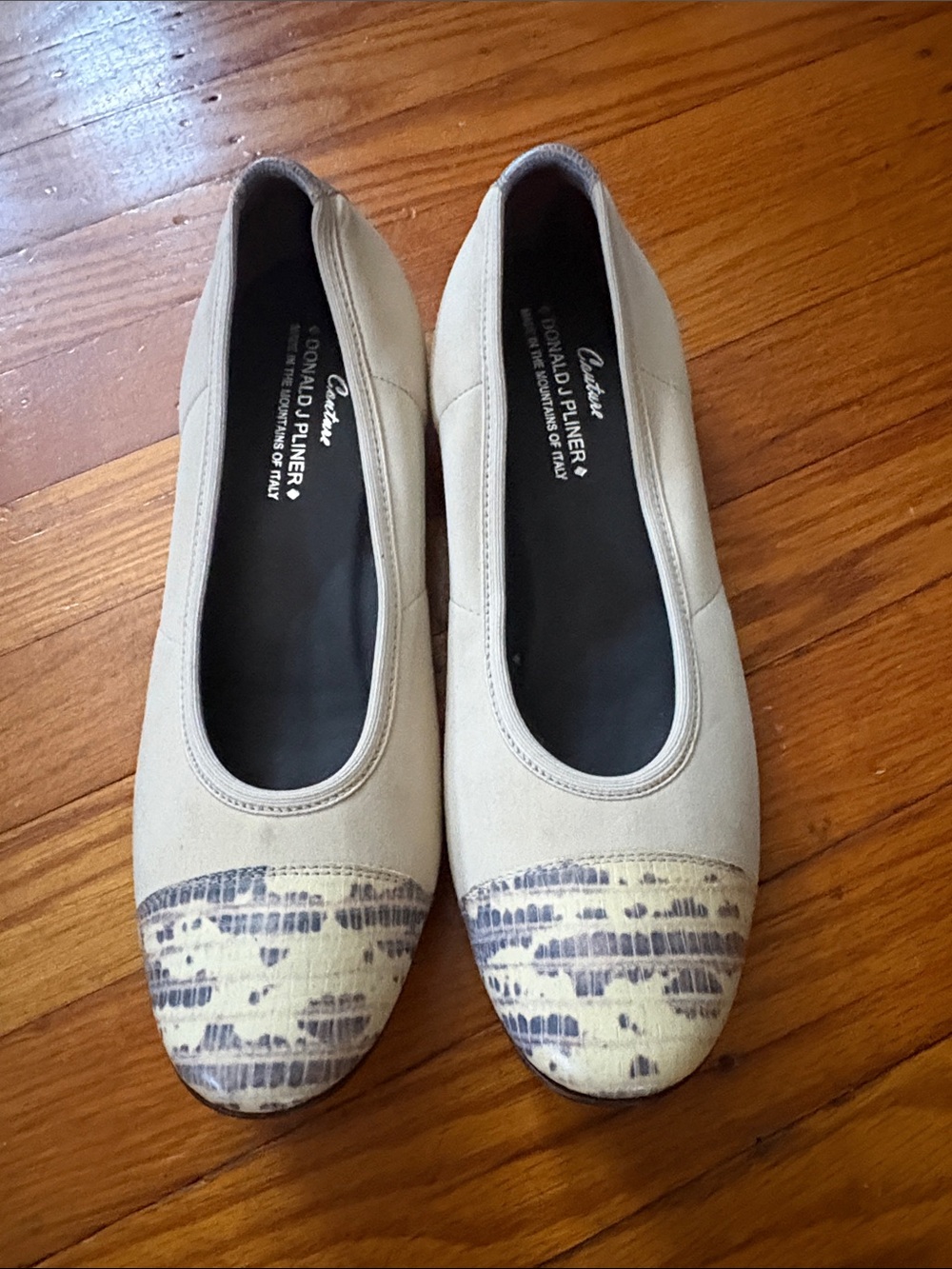 Donald J. Pliner Beige Canvas Ballet Flats with Patterned Toe